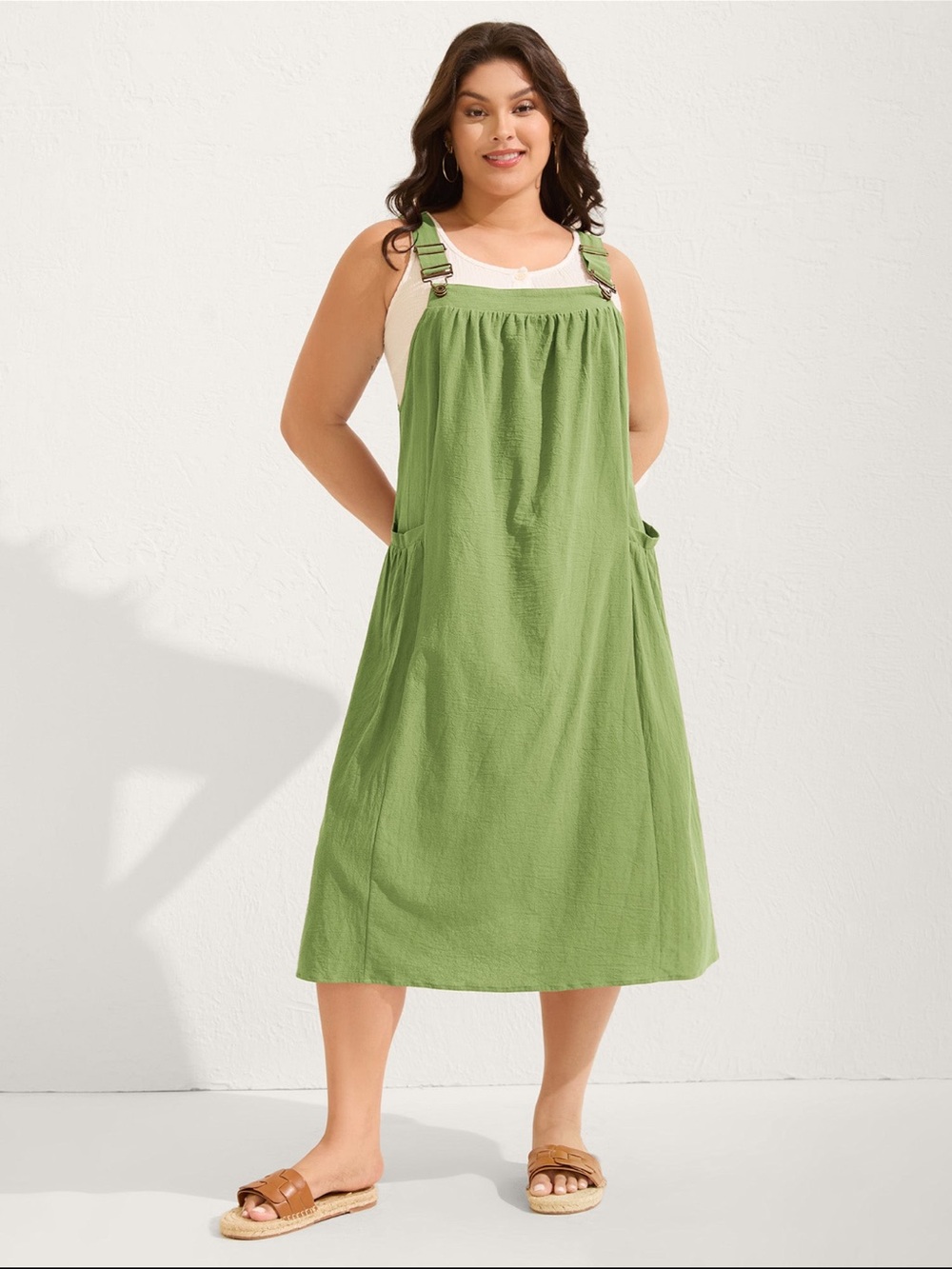 BloomChic Plus Size Green Pinafore Dress with Adjustable Straps